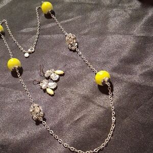 LOFT Vintage Silver Long Crystal Necklace with Yellow Accents Statement Earrings